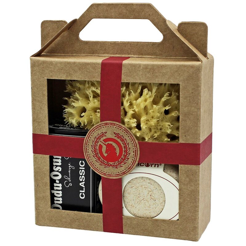 Geschenk-Set mini-Seifendose klein sahneweiß, Dudu Osun® CLASSIC 25g, Naturschwamm klein