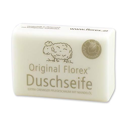 Duschseife mit Schafmilch und Mandelöl eckig SCHNEEROSE, 100g mit Banderole